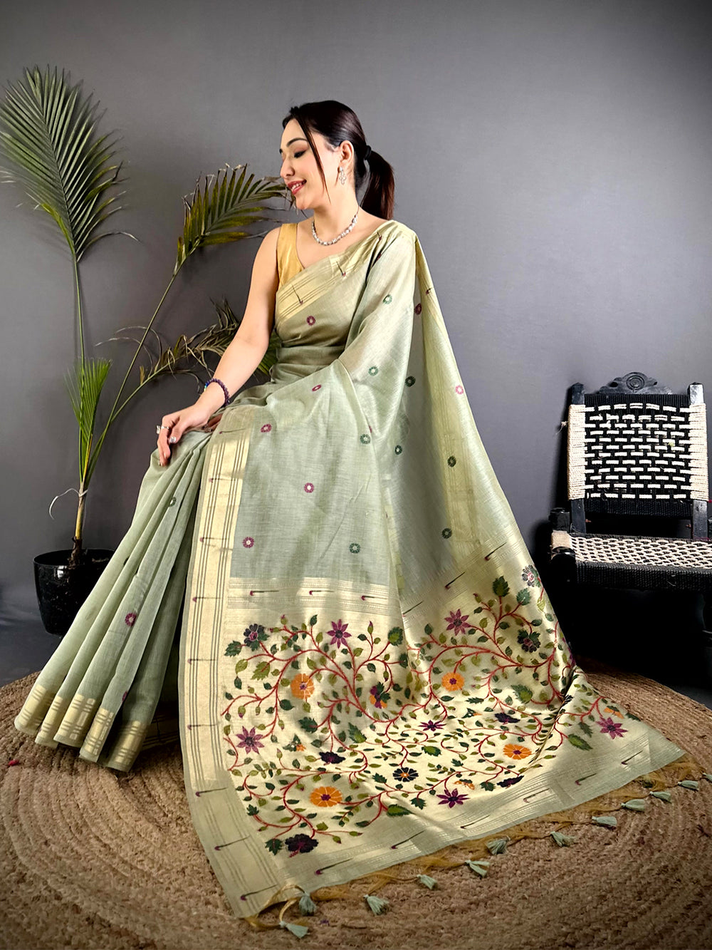 Aura Green Minakari Butti Linen Saree