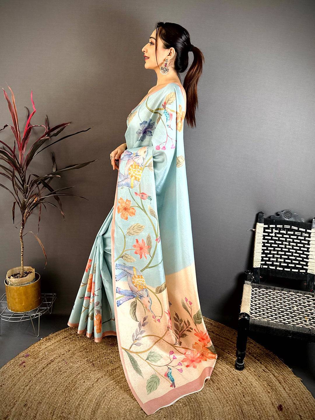 Sky Blue Tussar Floral Water Block Saree