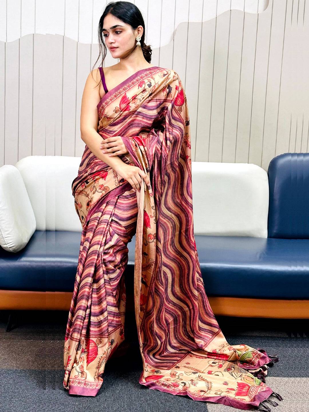 Elegant Wine Tussar Silk Saree with Floral and Leheriya Design