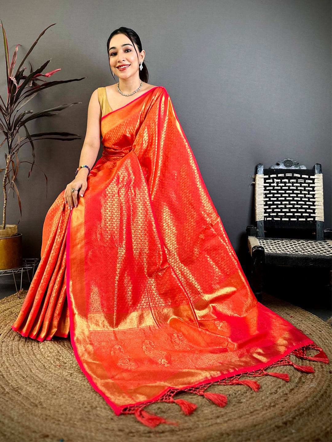 Radiant Orange Kanjivaram Zari Silk Saree