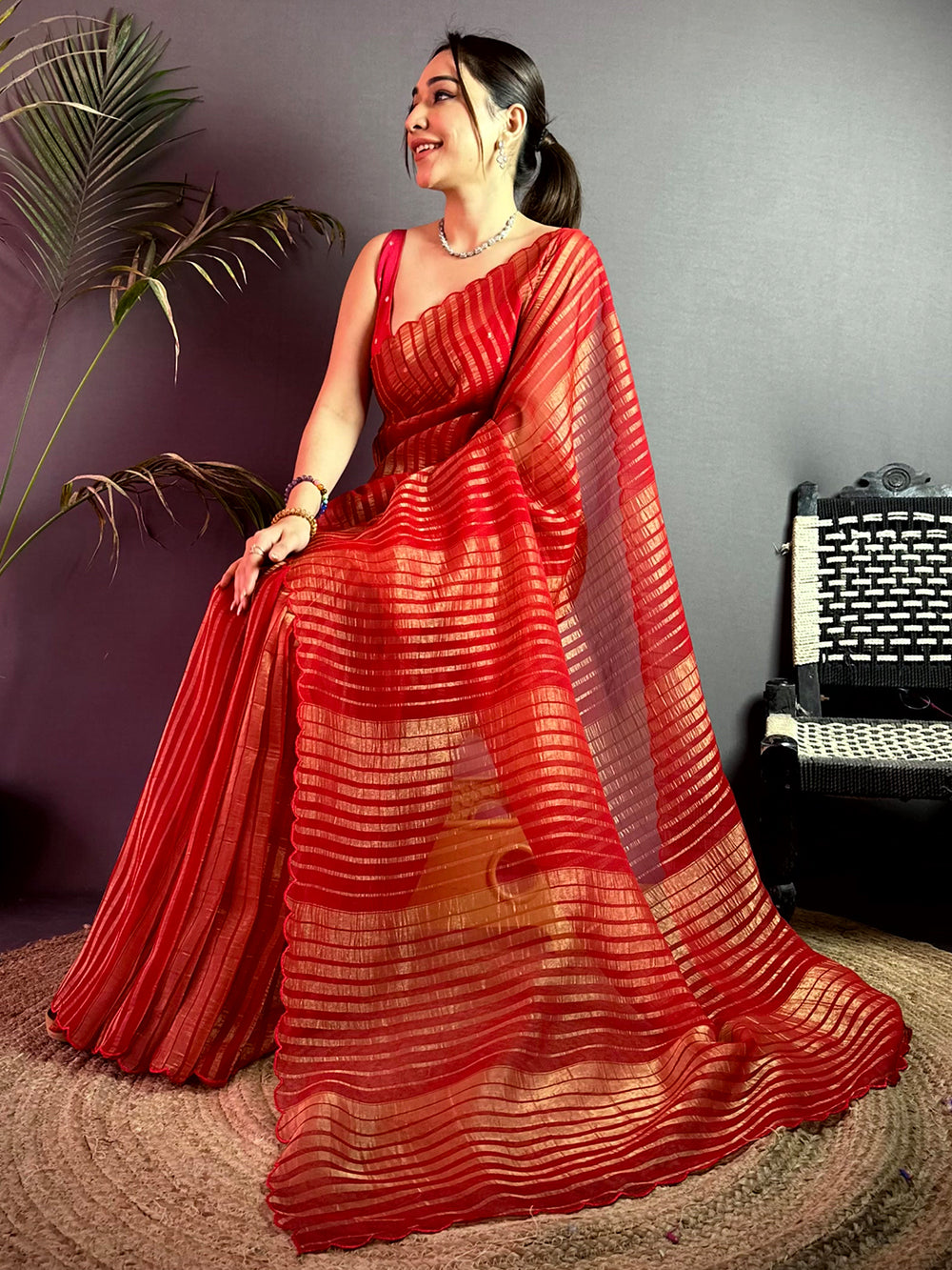 Ethereal Gold Zari Striped Chiffon Saree