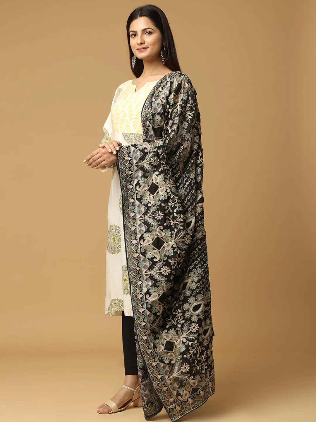 Side view of black chiffon dupatta showcasing thread motifs.