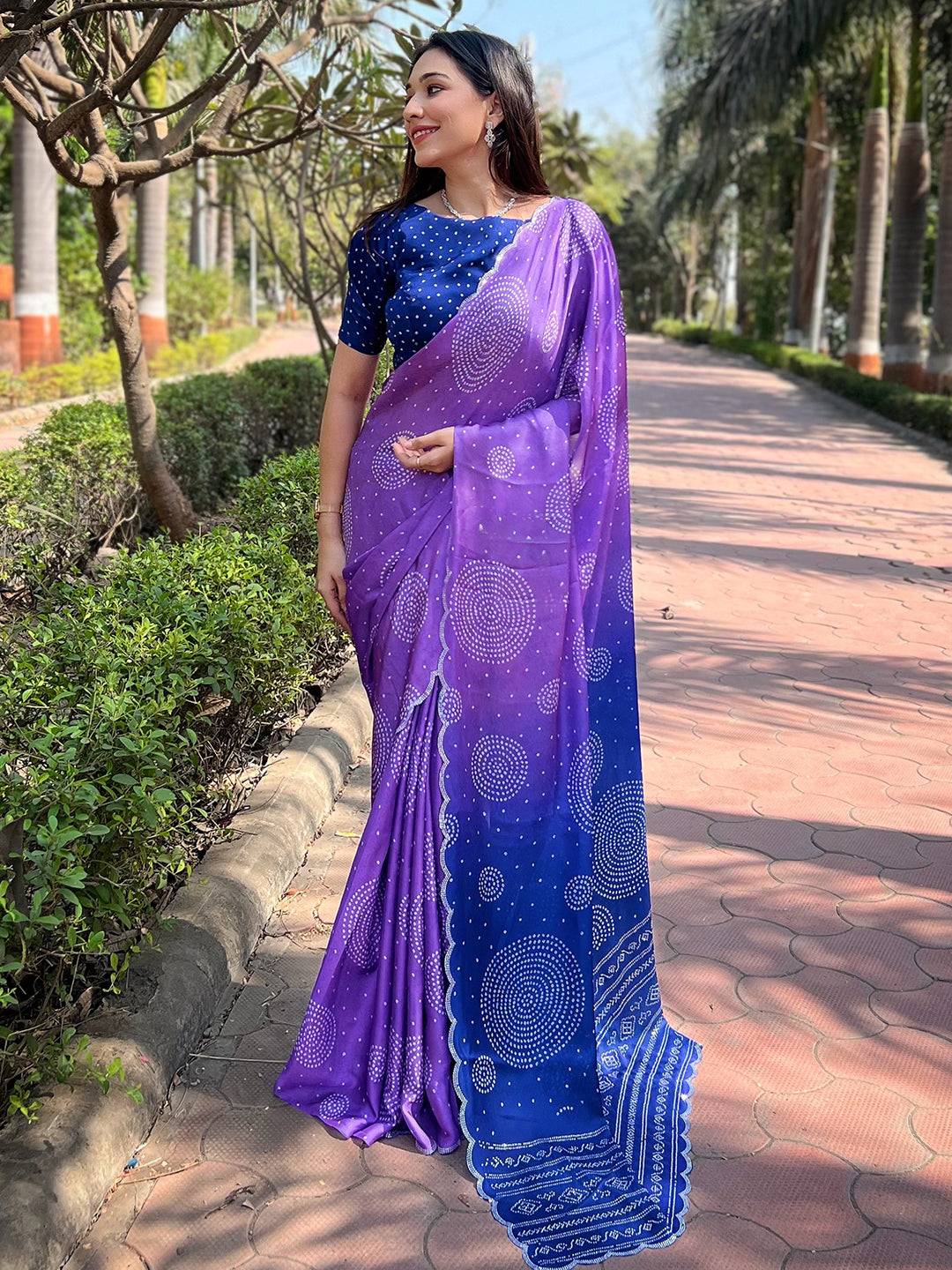  Georgette Silk Saree with Ombre Bandhej Print & Stone Work