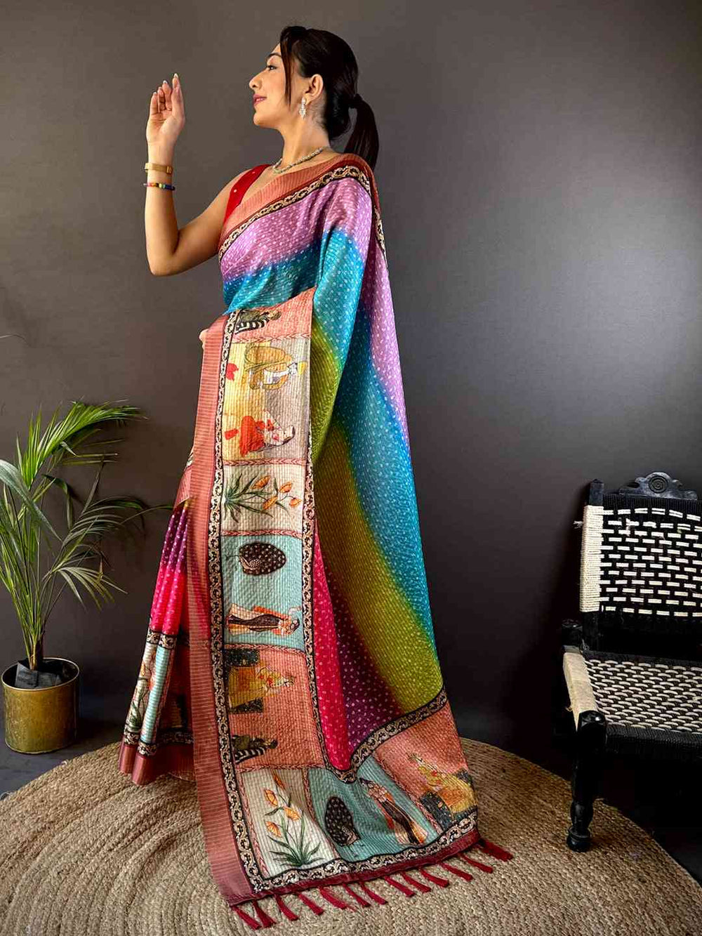 Graceful pose in Radiance Silk Blend Bandhani Print Saree with exquisite detailing and vibrant shades. Perfect for festive and influencer fashion collections.