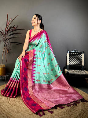 Sea Green Contrast Satin Ikat Zari Silk Saree