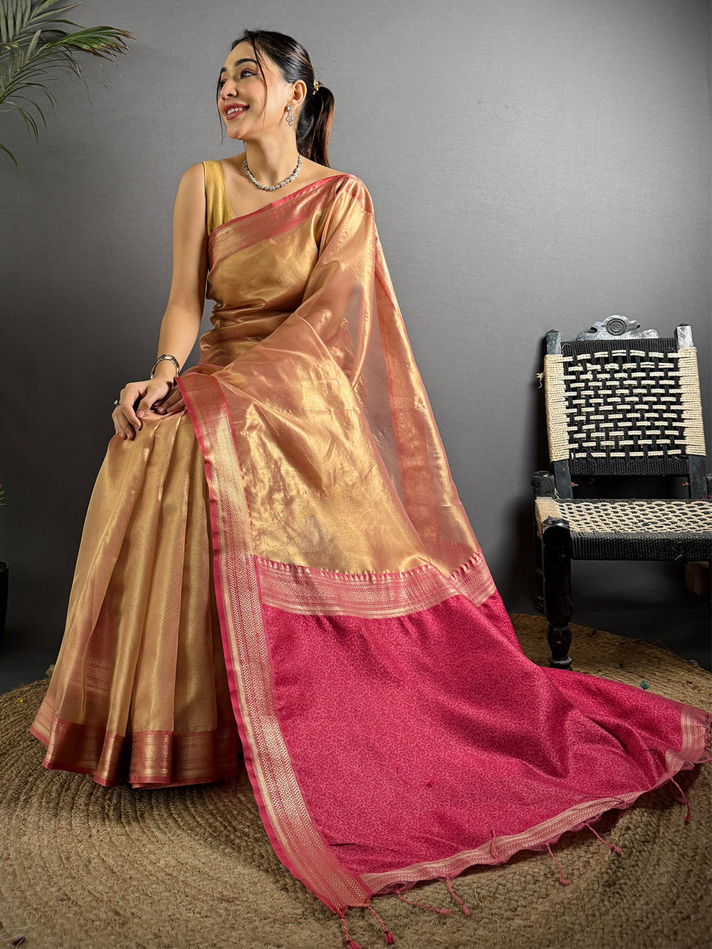 Radiant Pink Gold Zari Tissue Saree
