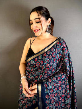 Navy Mul Cotton Ajrak Vintage Print Saree