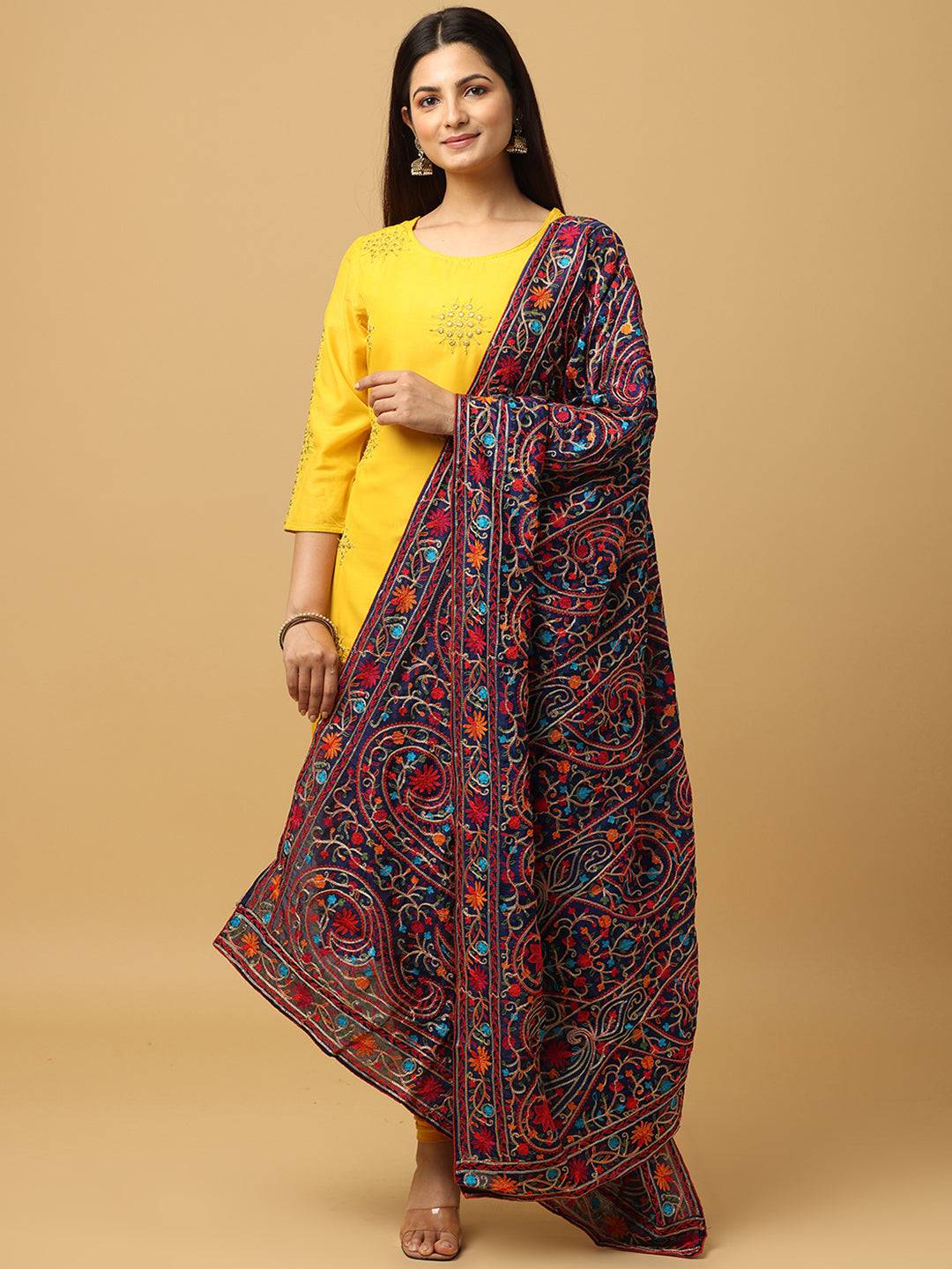 Front view of vibrant threadwork pashmina dupatta