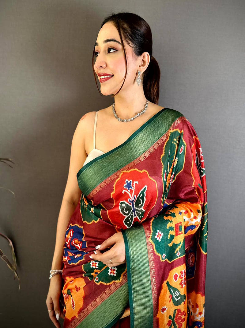 Maroon Soft Dola Big Ikkat Minakari Print Saree