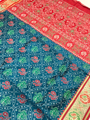 Elegant Denim Blue Pochampally Patola Silk Saree