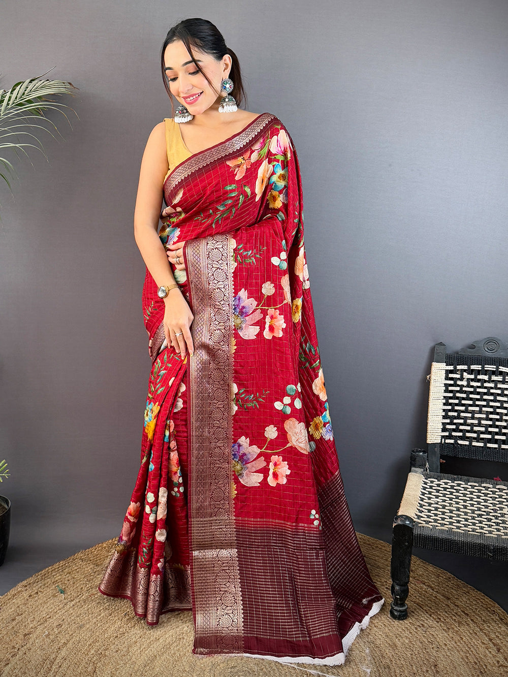 Wine Floral Kalamkari Viscose Saree
