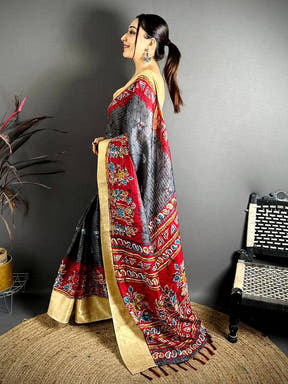 Grey Dola Kalamkari Zari Stripe Saree
