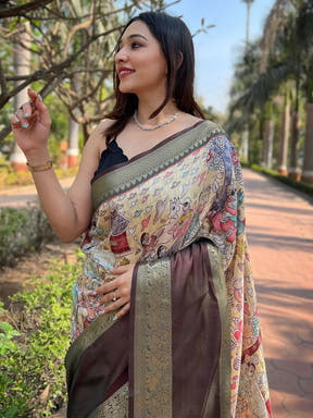 Close-up of light green Banarasi saree with detailed chex weaving