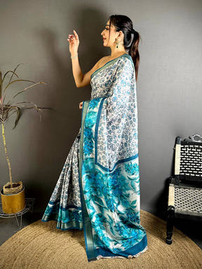 Elegant Sky Blue Ajrakh Print Tussar Saree