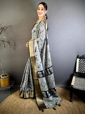 Grey Soft Dola Silk Floral Kanchi Border Saree