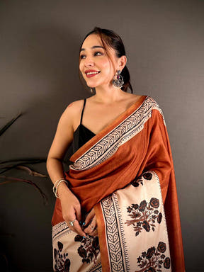 Rust Block Panel Stripe Tussar Saree