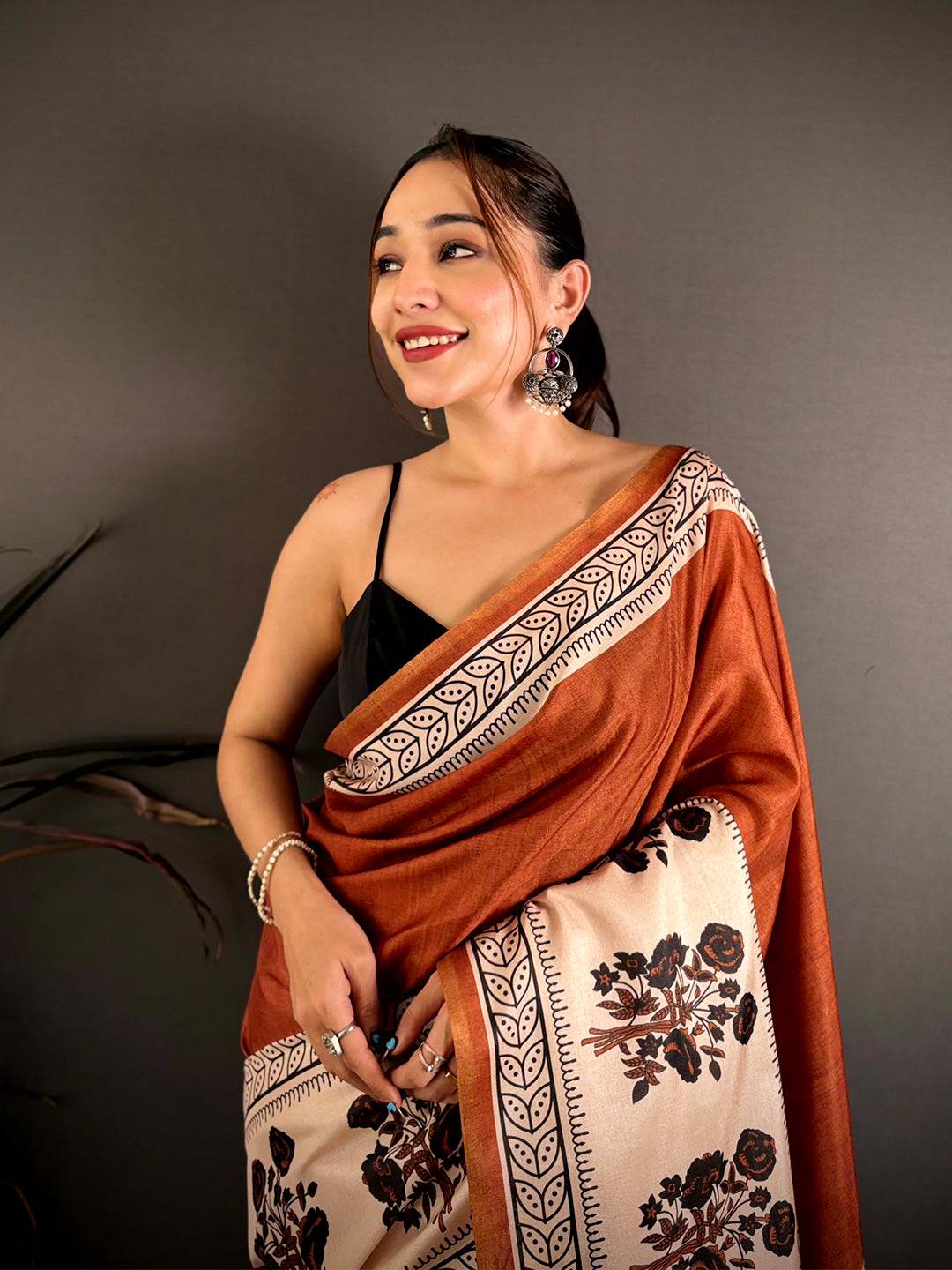 Rust Block Panel Stripe Tussar Saree