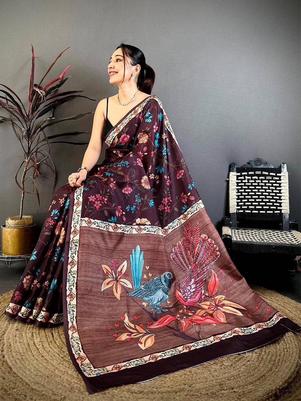 Coffee Brown Tussar Pen Kalamkari Print Saree