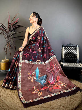Coffee Brown Tussar Pen Kalamkari Print Saree