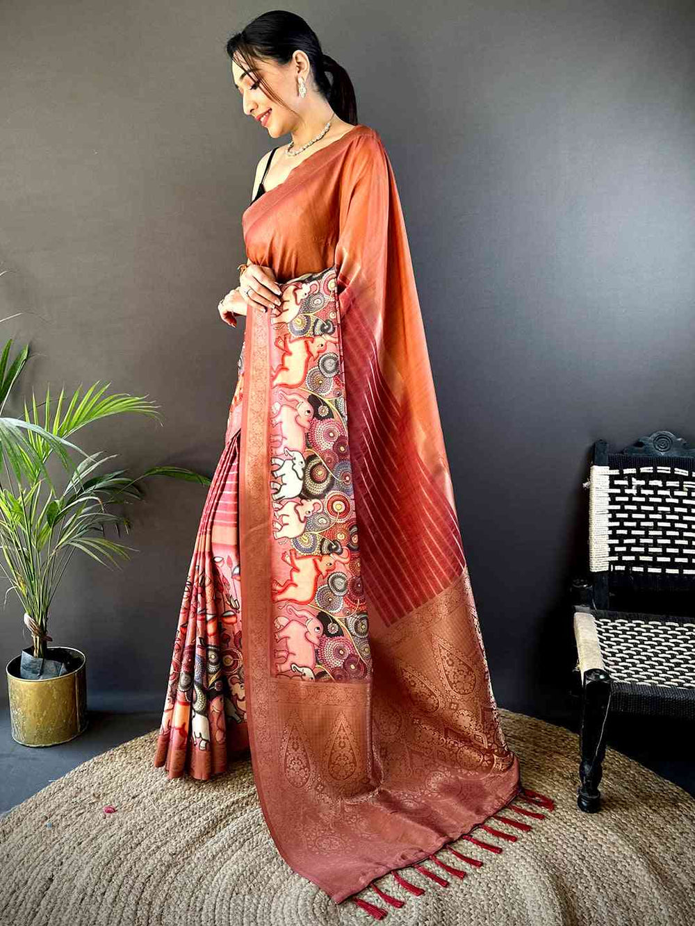 Rust Red Kalamkari Ombre Soft Silk Saree