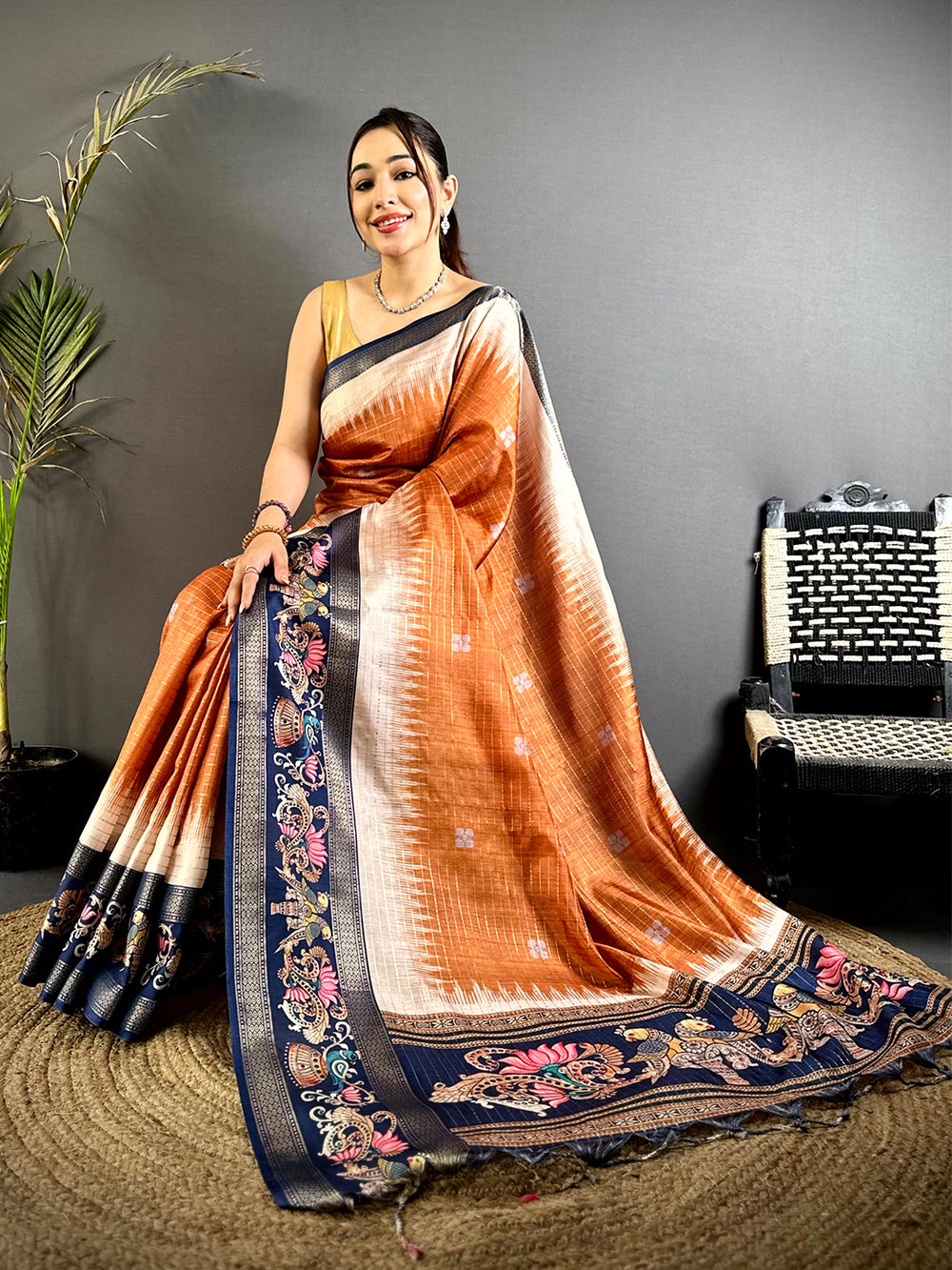 Rust Tanjore Art Semi Silk Saree