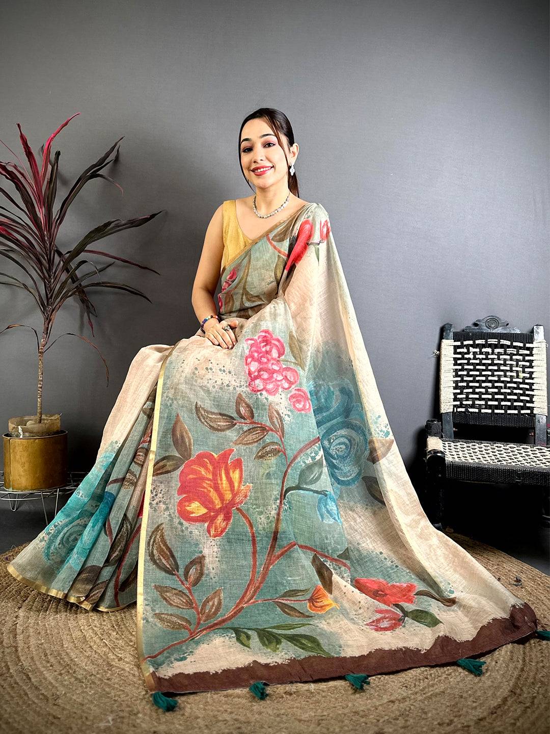 Sage Green Gold Zari Linen Chanderi Saree


