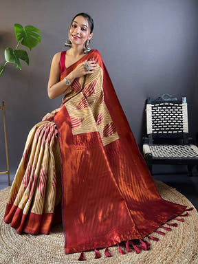 Tan Brown Tussar Silk Zari Weaving Ikkat Saree

