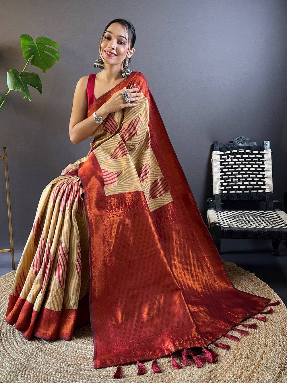 Stylish Tan Brown Silk Saree with Red Border