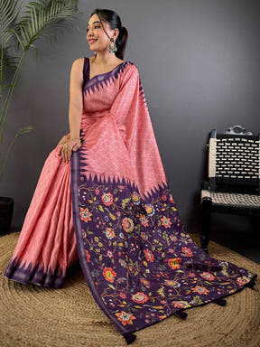 Gajari Tussar Silk Kalamkari Printed Saree