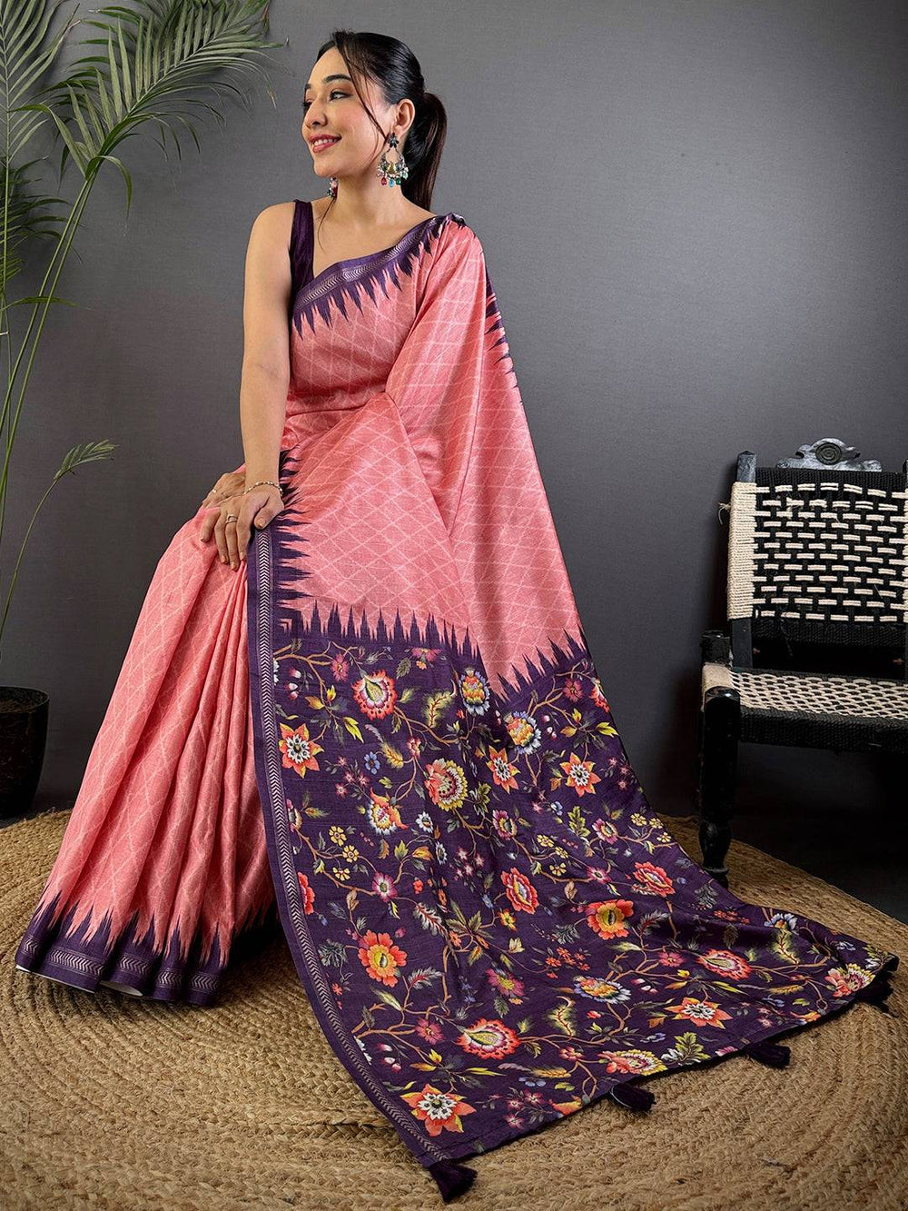 Gajari Tussar Silk Kalamkari Printed Saree