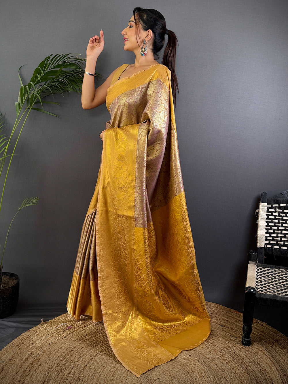 Blush Pink Golden Threadwork Dharmavaram Saree