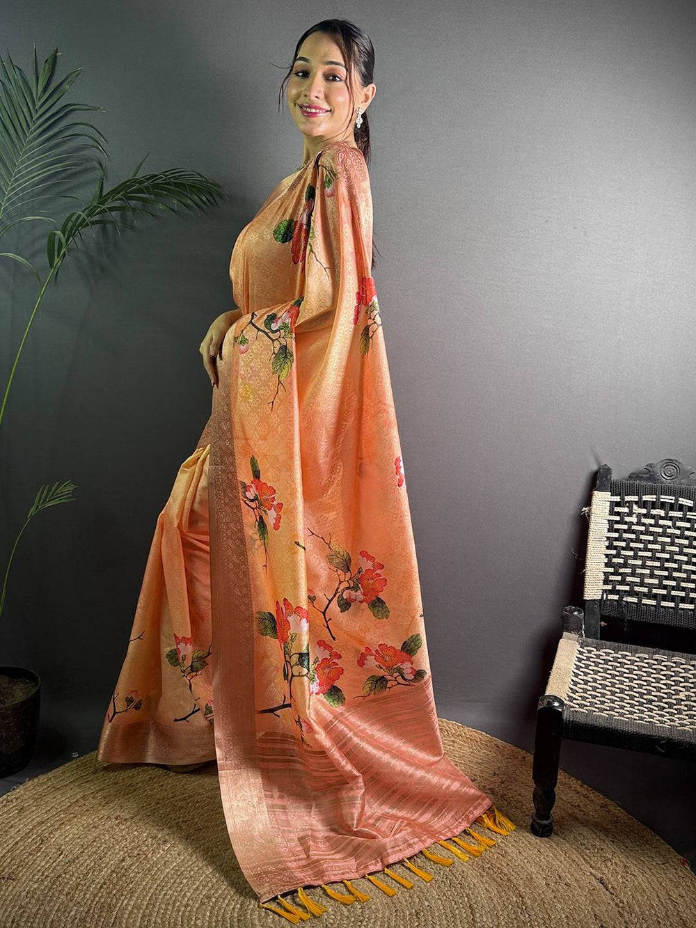 Peach Soft Organza Silk Floral Saree