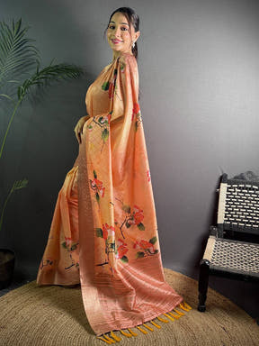 Peach Soft Organza Silk Floral Saree