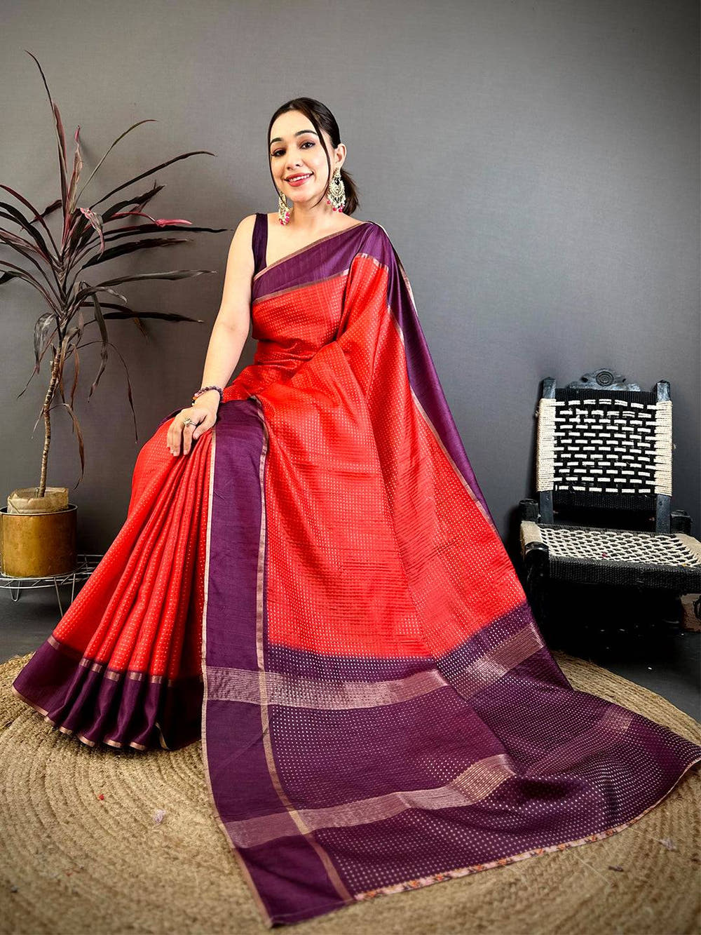 Deep Red Tussar Gold Zari 1000 Butti Saree