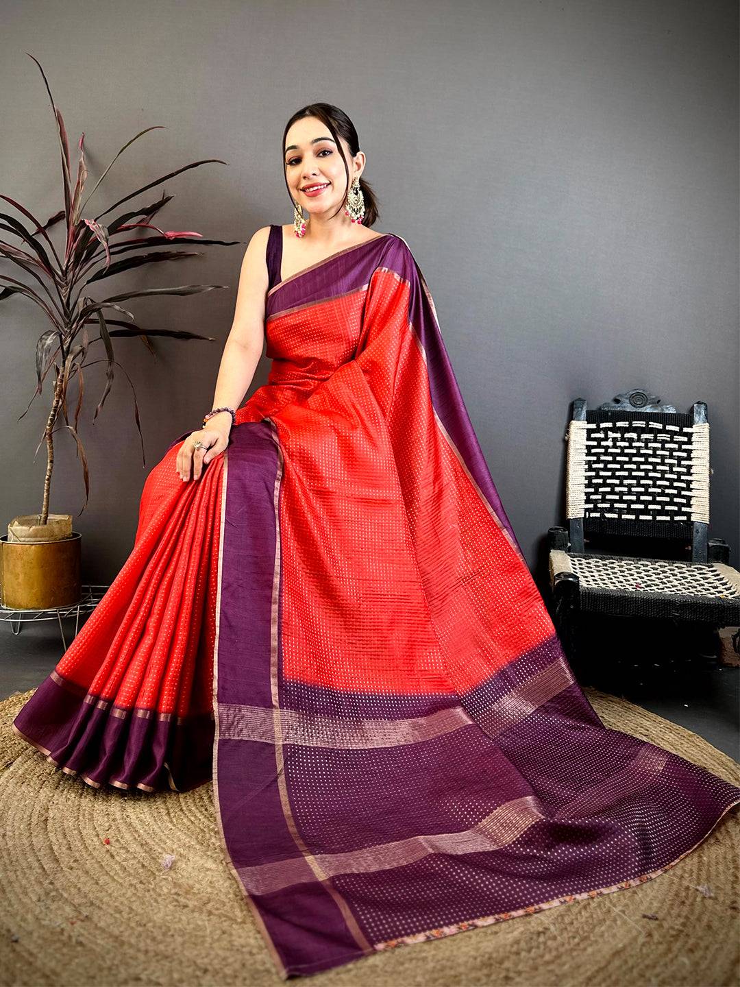 Deep Red Tussar Gold Zari 1000 Butti Saree