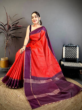 Deep Red Tussar Gold Zari 1000 Butti Saree