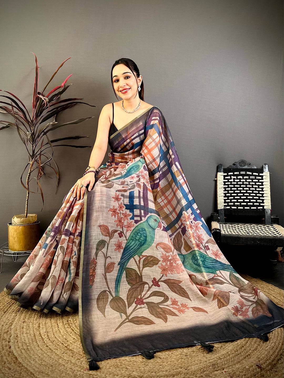 Classic Linen Chanderi Check Saree