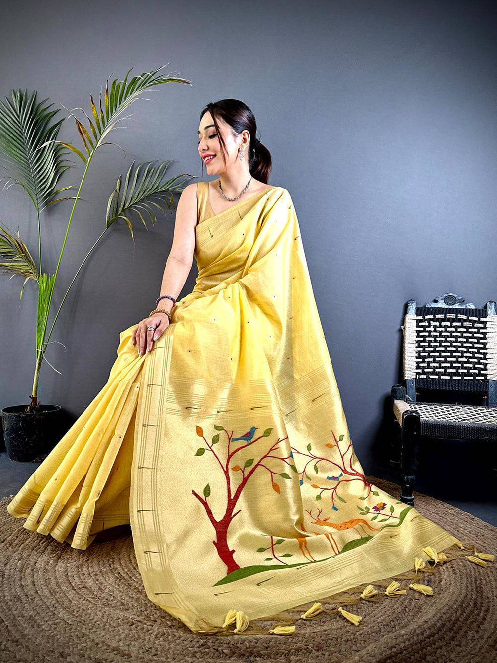 Yellow Minakari Paithani Khadi Linen Saree