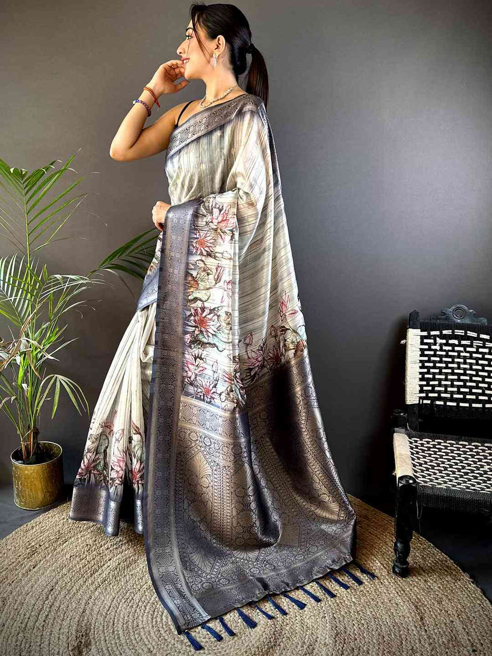 Grey Ghicha Weave Floral Saree