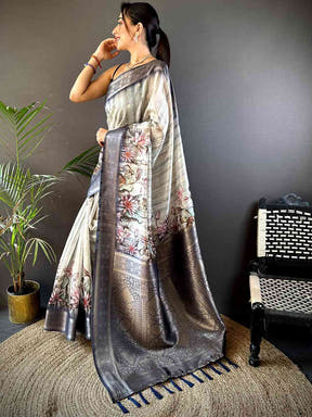Grey Ghicha Weave Floral Saree