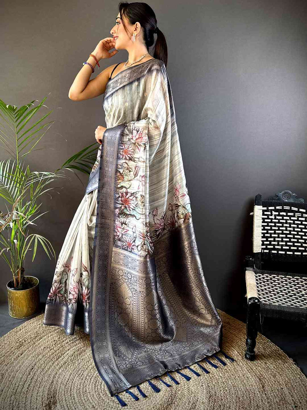 Grey Ghicha Weave Floral Saree