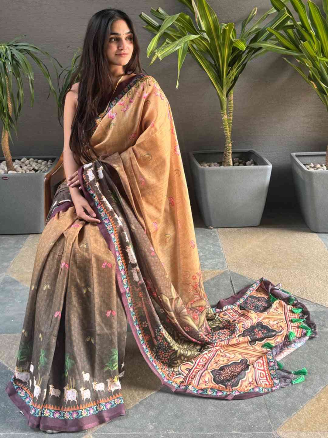 Soft Linen Ombre Pichwai Printed Brown Saree worn by model