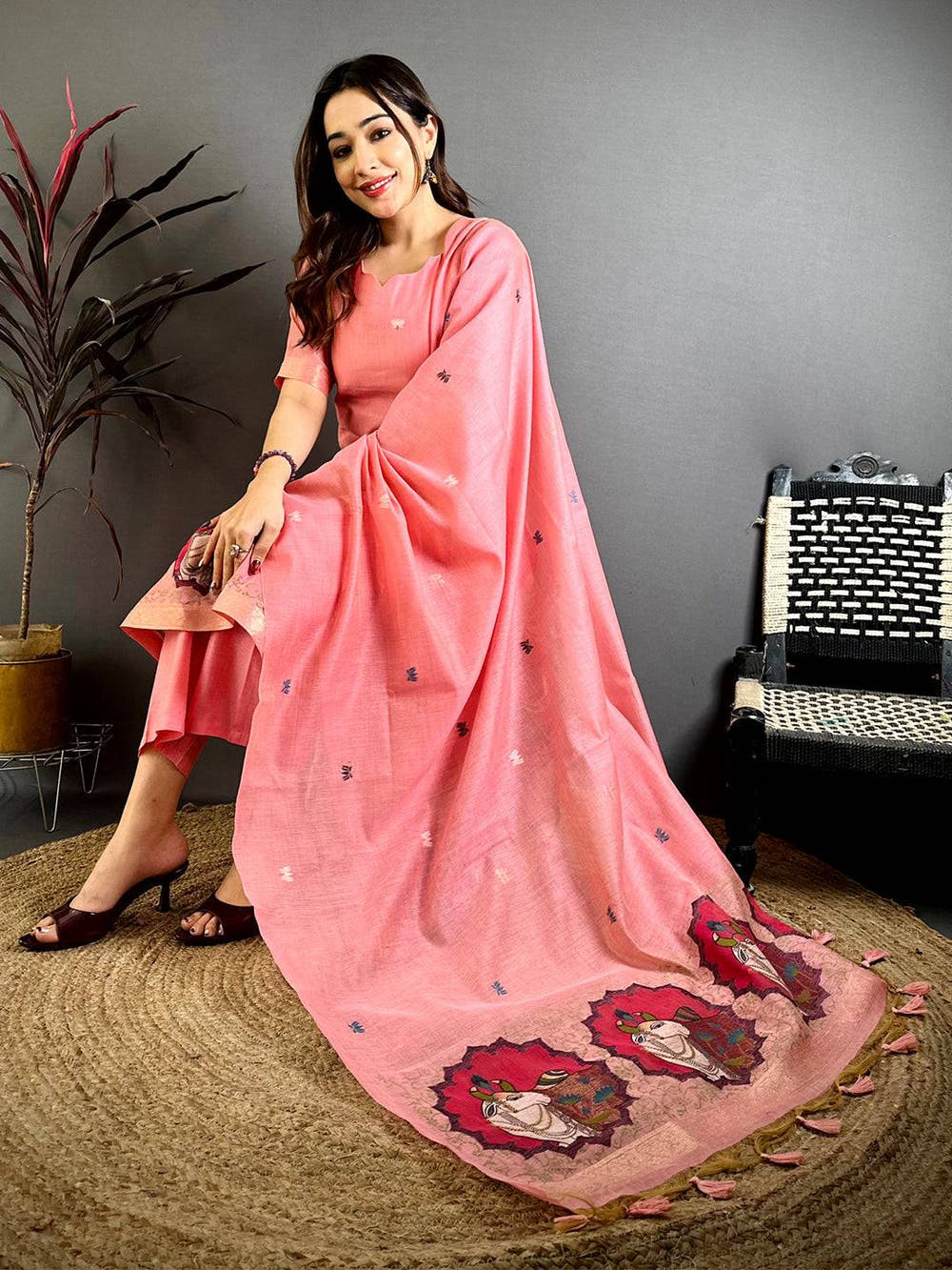 Coral Pink Floral Weave Dress