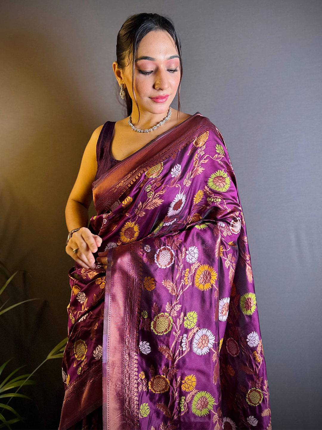 Dark Magenta Banarasi Silk Zari Butta Saree