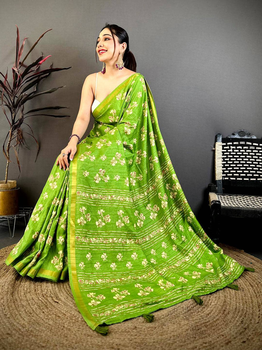 Green Tussar Ghicha Batik Floral Print Saree