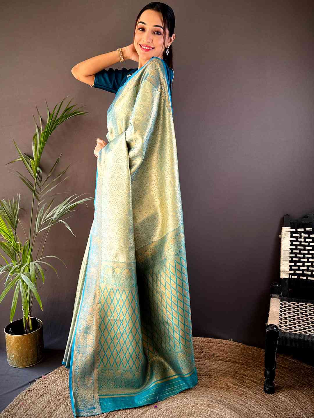 Gold Zari Floral Saree in Rama