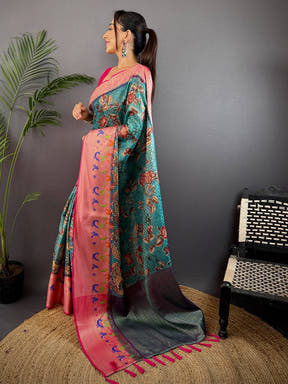 Teal Kora Muslin Kalamkari Floral Print Saree