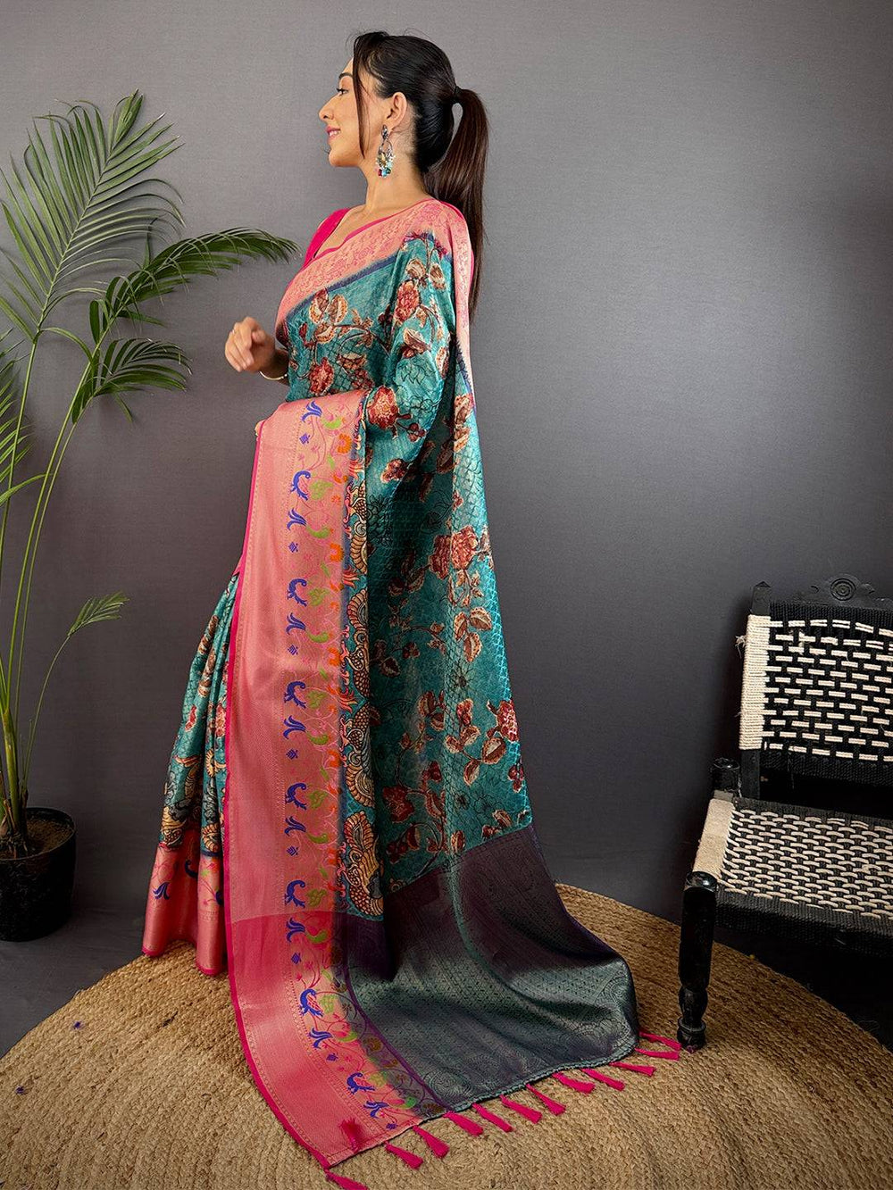 Teal Kora Muslin Kalamkari Floral Print Saree