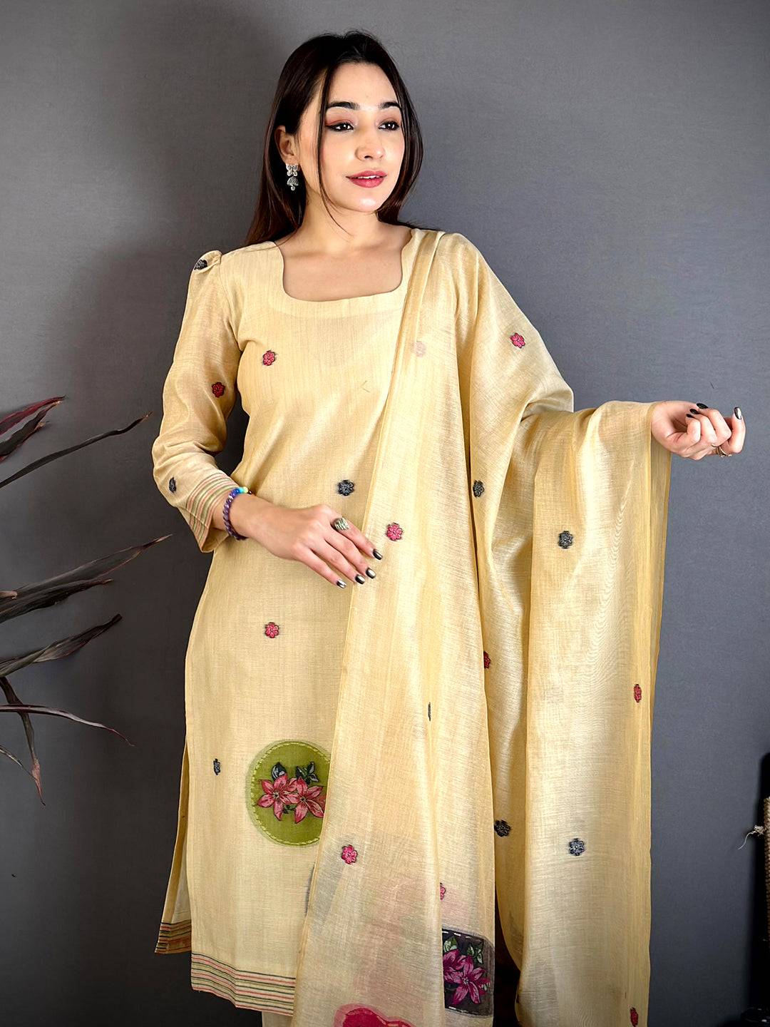Opulent Beige Floral Cotton Dress