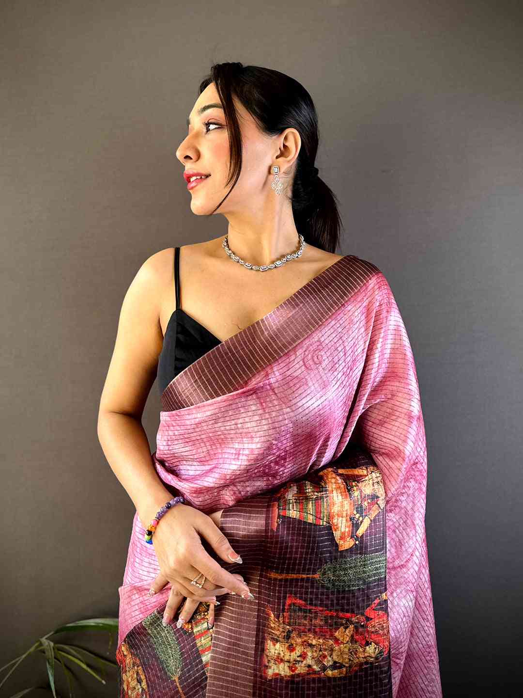 Light Pink Kalamkari Pichwai Black Check Saree